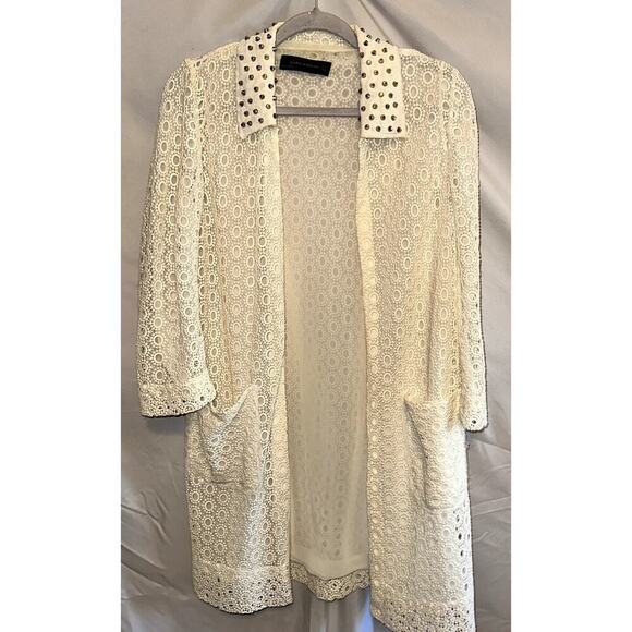Zara Women Cream Lace Studded Collar open front long duster cardigan Size Small - Picture 4 of 7